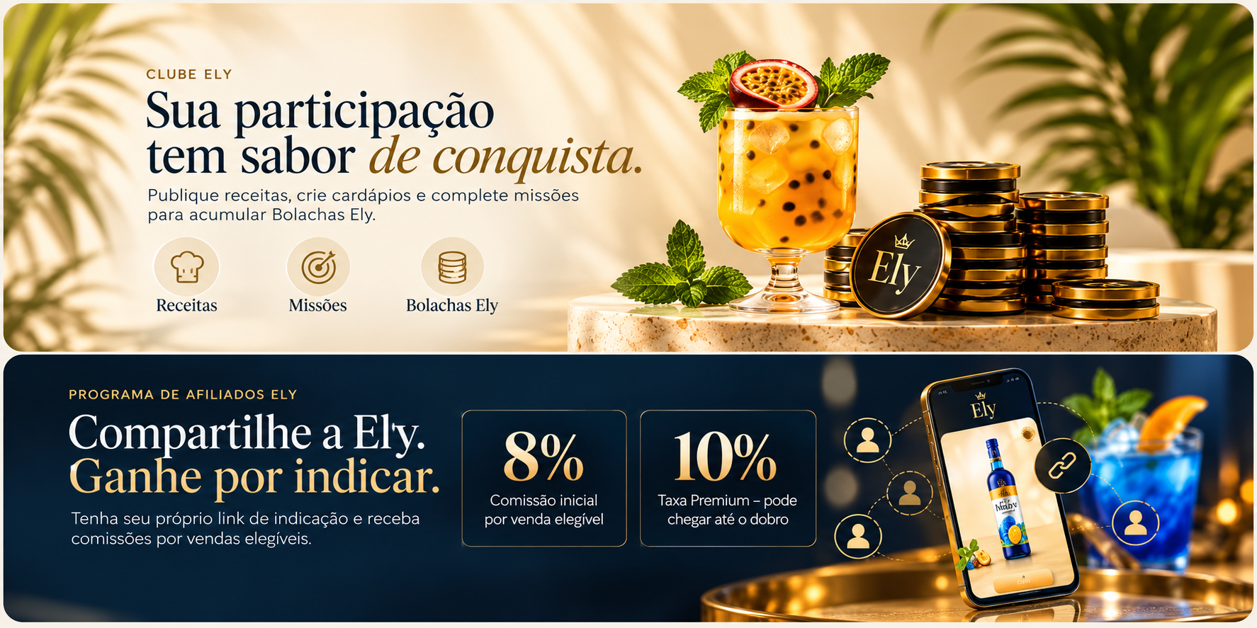 Clube Ely: publique receitas, crie cardápios e complete missões para acumular Bolachas Ely. Programa de Afiliados: comissão inicial de 8% por venda elegível e taxa Premium de 10% após cumprir os critérios.