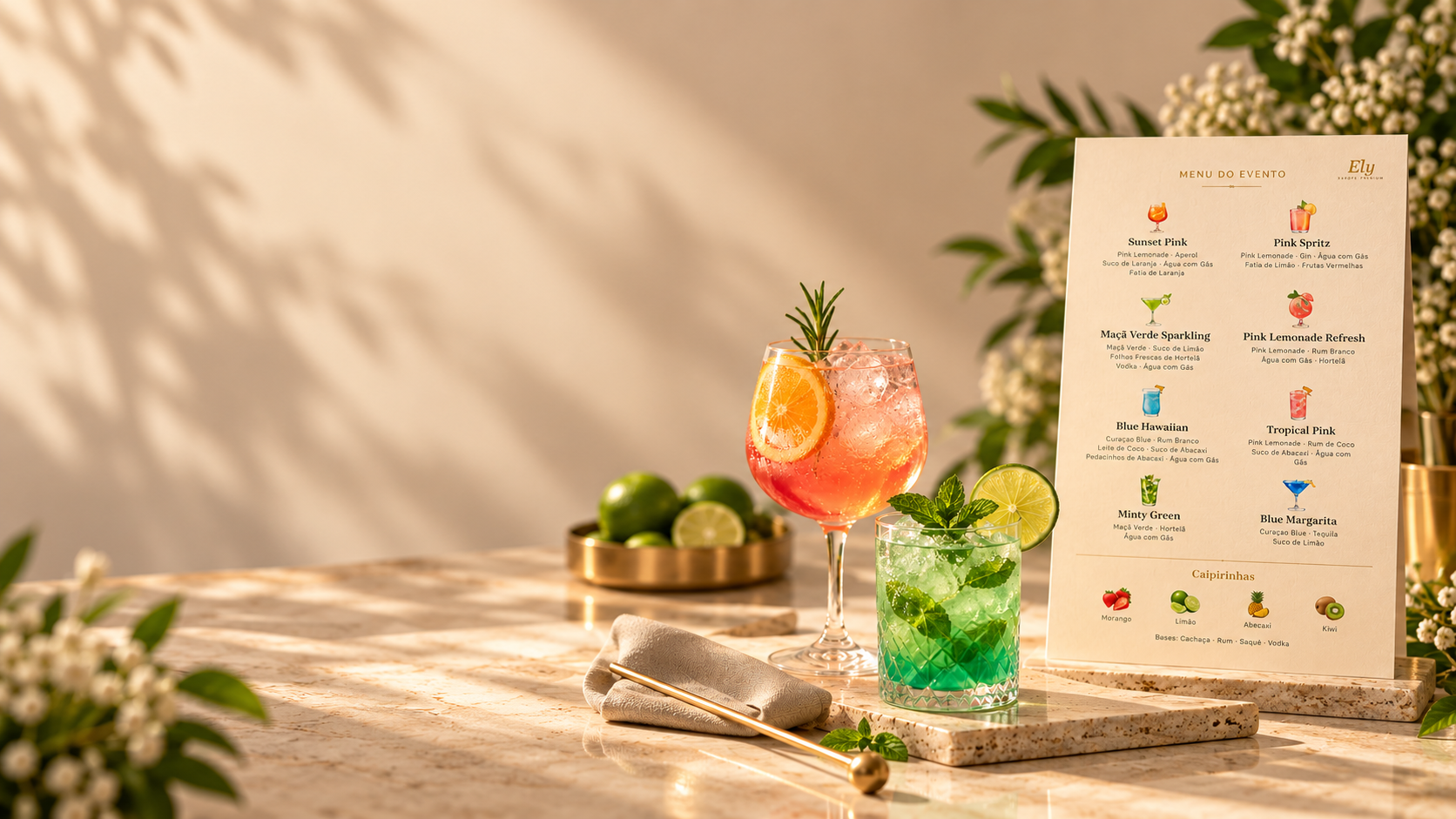 Drinks com laranja, limão e hortelã ao lado de um cardápio Ely para eventos.